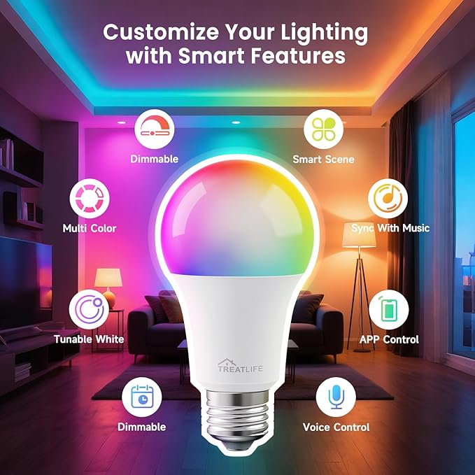 TREATLIFE Smart Light Bulbs 4 Pack, 2.4GHz Color Changing Light Bulb, Works with Alexa Google Home, A19 E26 Dimmable LED Light Bulb 9W 800 Lumen for Party Decoration, Smart Home Lighting
