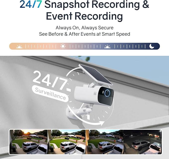 4K Security Camera Wireless Outdoor, Cameras for Home Security with Adjustable Solar Panel, AI Motion Detection, 24/7 Snapshot Recording, Color Night Vision, 2.4GHz WiFi, No Monthly Fee