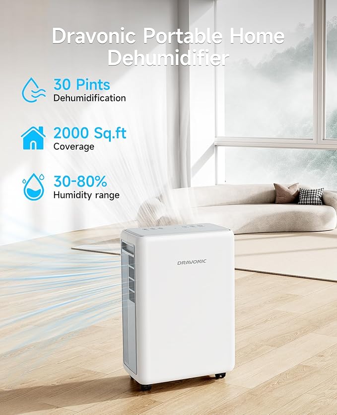 30 Pints Dehumidifier for Basement, 2000 Sq. Ft Dehumidifiers for Home with Drain Hose, Quiet Smart Humidity Control for Bedroom Bathroom with Auto Shut Off, 24H Timer