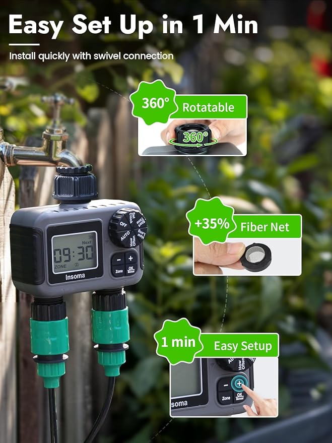 Insoma 2 Zone Water Timer, Programmable Irrigation Sprinkler Timer for Garden Hose, Outdoor Hose Faucet Timers with Rain Delay/Manual/Auto Modes, IPX5 Waterproof for Drip System & Lawn