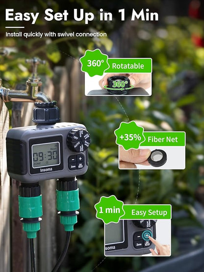 Insoma 2 Zone Water Timer, Programmable Irrigation Sprinkler Timer for Garden Hose, Outdoor Hose Faucet Timers with Rain Delay/Manual/Auto Modes, IPX5 Waterproof for Drip System & Lawn