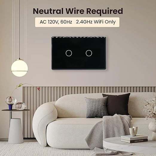 Smart Switch Aluminum Frame,2.5D Glass Panel,4.65 X 2.83 X 1.26 Inches,Need Neutral Wire,2.4GHz WiFi,Work with Tuya/Smart Life,App/Voice Control,Black 2 Button