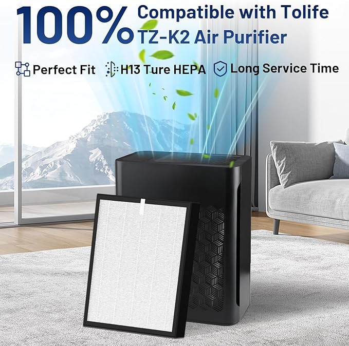 TZ-K2 Replacement Filter Compatible with ToLife Air Puri-Fier Filter TZ-K2-A, 3-in-1 H13 HEPA with Activated Carbon and Pre-Filter, 4 Pack
