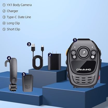 CAMMHD YX1-128G 2K/1440P Body Camera Support Video Audio Image, 3500mAh Battery Work 12hrs, Night Vision and 2.0IN Screen Easy to Playback, Data-encrypted Body Cam for Police and Personal