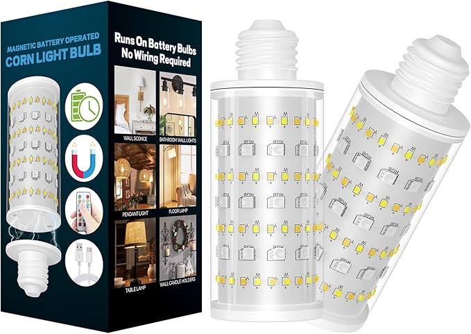 Battery Operated Light Bulb With Remote Control, 2 Pack Rechargeable Light Bulbs 360° lighting For Non-Hardwired Lamp, 10000mAh RGB Dimmable Bulbs Lighting Time Up To 60 Hrs for Home Power Outage
