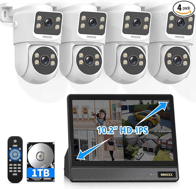 OOSSXX (2026 New 4K PoE Security Camera System with 10'' Monitor, 8CH NVR 1TB HDD and 4 Dual Lens Cameras, Fixed + PTZ Auto Tracking, AI Detection, 2-Way Audio