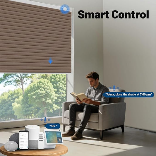 Motorized Cellular Shades with Remote, Blackout Smart Cellular Shades Compatible with Alexa, Cordless Honeycomb Window Blinds for Bedroom Home Office, Custom Size, Blackout Brown