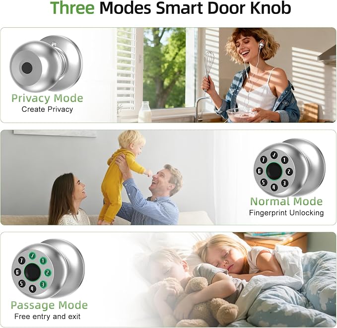 Fingerprint Door Knob, Smart Door Knob, Biometric Door Knob with Code, App Control, Auto Lock, Fingerprint Door Lock,Thumb Print Door Knobs for Bedroom, Office, Apartment，Silver