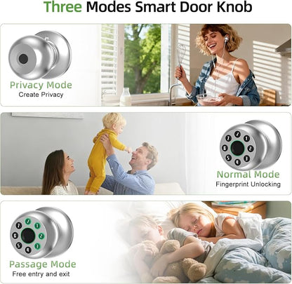 Fingerprint Door Knob, Smart Door Knob, Biometric Door Knob with Code, App Control, Auto Lock, Fingerprint Door Lock,Thumb Print Door Knobs for Bedroom, Office, Apartment，Silver