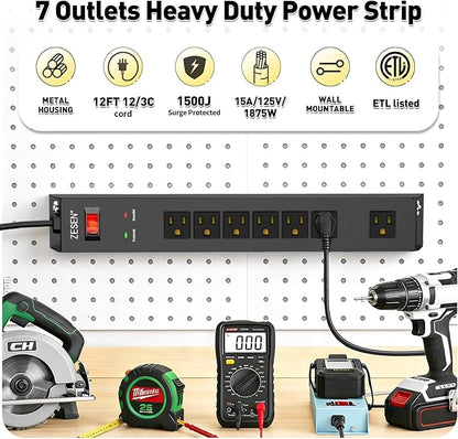 ZESEN 7 Outlet Metal Long Power Strip with Overload Protection & 1500J Surge Protection, 12ft Cord Wall Mounted Industrial Power Strip for Office Workshop Garage, ETL Listed(15A/1875W), Black