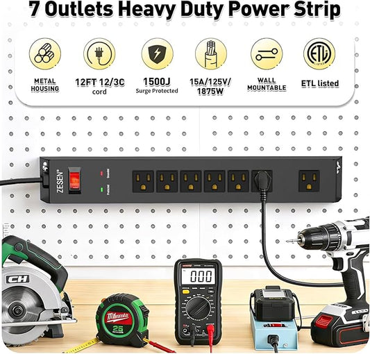 ZESEN 7 Outlet Metal Long Power Strip with Overload Protection & 1500J Surge Protection, 12ft Cord Wall Mounted Industrial Power Strip for Office Workshop Garage, ETL Listed(15A/1875W), Black