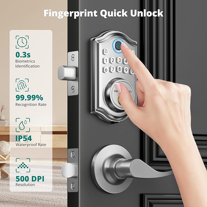 AkaGear DS10 Keyless Entry Door Lock with 2 Lever Handle, Fingerprint, Keypad Code, 2 Keys, Smart Locks for Front Door, Bedroom, One-time Code, Auto-Lock, Easy Installation - Satin Nickel