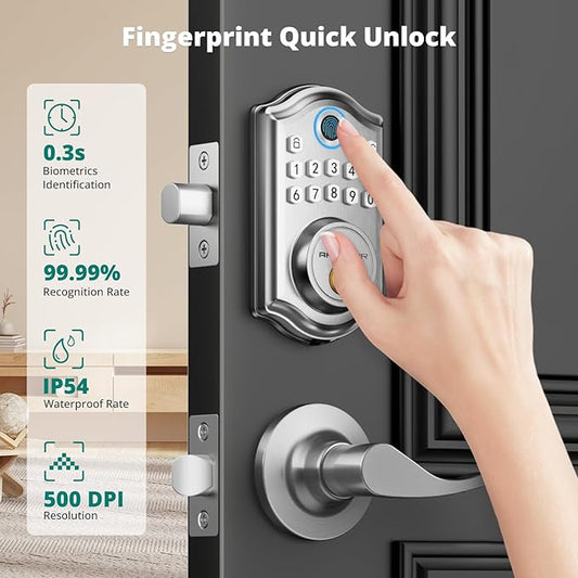 AkaGear DS10 Keyless Entry Door Lock with 2 Lever Handle, Fingerprint, Keypad Code, 2 Keys, Smart Locks for Front Door, Bedroom, One-time Code, Auto-Lock, Easy Installation - Satin Nickel