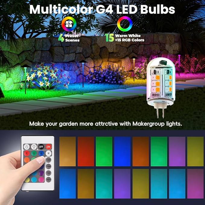 RGB T3 G4 Bi-pin LED Bulbs 12V Color Changing, Warm White+15 Multicolors and 4-Level Brightness on Remote Control for Outdoor Low Voltage Landscape Lighting