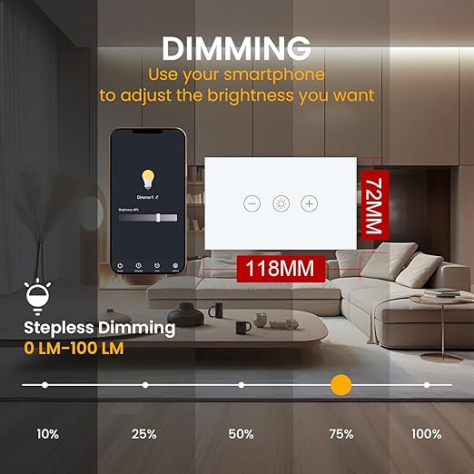 Smart Dimmer Switch 4.65 X 2.83 X 1.34 Inches,Neutral Wire Required,2.4GHz WiFi Dimmer Light Switch,Tempered Glass Panel,Work with Tuya/Smart Life,White WiFi Dimmer