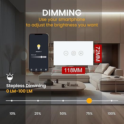 Smart Dimmer Switch 4.65 X 2.83 X 1.34 Inches,Neutral Wire Required,2.4GHz WiFi Dimmer Light Switch,Tempered Glass Panel,Work with Tuya/Smart Life,White WiFi Dimmer