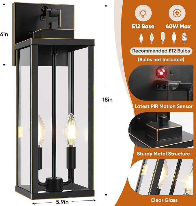 BesLowe 2-Pack 18” Large Motion Sensor Outdoor Wall Lights, Bronze