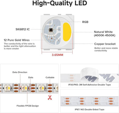 BTF-LIGHTING RGB+Natural White SK6812 LED Strip 16.4FT 300LED IP30 DC12V | RGBW Individually Addressable UL Listed 4 Colors in 1 Light (Similar WS2812B) White PCB(No Adapter or Controller)