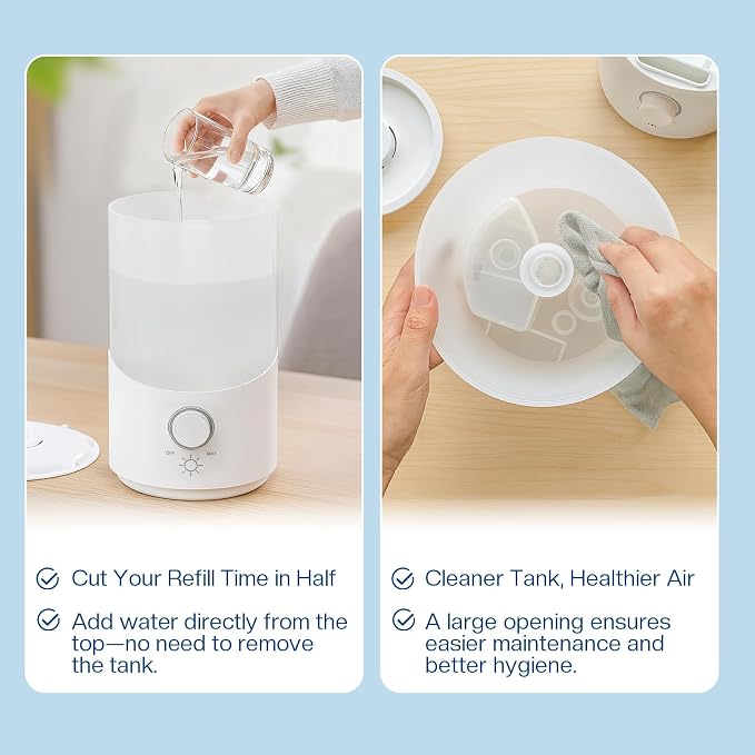 Cool Mist Humidifier for Bedroom, 3L Top Fill Ultrasonic Air Humidifier with Adjustable Knob Control, Quiet Operation, Auto Shut-Off, BPA-Free for Home, Baby, Office, Plants 3L