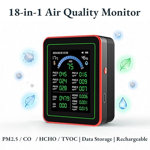 AUNMAS Air Quality Monitor ZN MT32, Multi Parameter with Highly Sensitive Sensors, Data Logging and Analysis, for Home and Office Use