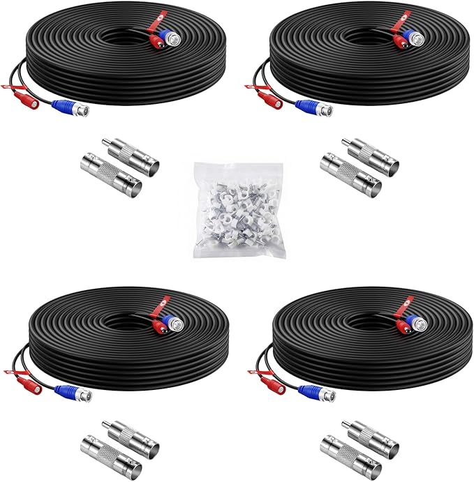 Anlapus 4 Pack 60ft All-in-One Video Power Cable for CCTV Security Camera DVR System, BNC Extension Surveillance Camera Cables with BNC/RCA Connectors & 100pcs Cable Clips