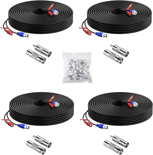Anlapus 4 Pack 60ft All-in-One Video Power Cable for CCTV Security Camera DVR System, BNC Extension Surveillance Camera Cables with BNC/RCA Connectors & 100pcs Cable Clips