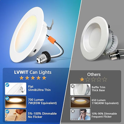 LVWIT 4 Inch LED Recessed Light, Recessed Can Lights Color Selectable 2700/3000/4000/5000/6000K 5CCT, 7W 700LM, Dimmable LED Can Lights with E26 Conversion Kit,Suitable for 4inch Can,48 Pack