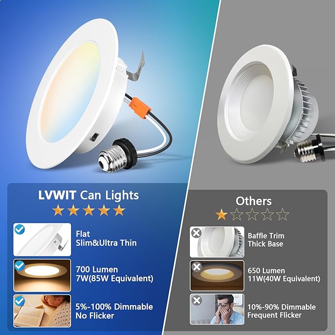 LVWIT 4 Inch LED Recessed Lights, LED Can Lights, Color Selectable 2700/3000/4000/5000/6000K 5CCT, 7W 700LM, Dimmable Recessed Lighting with E26 Conversion Kit, Retrofit Recessed Light, 12 Pack