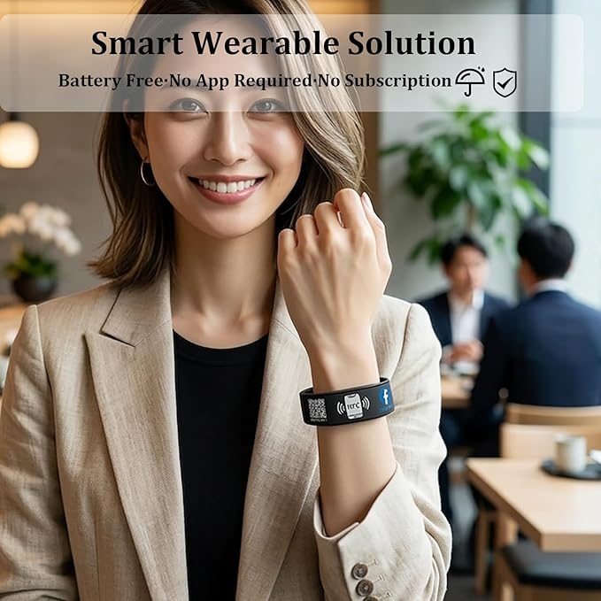 Smart NFC Social Media Wristband – Silicone QR Bracelet for Facebook, Instagram & Google Reviews | Waterproof | Lifetime Link Update | Analytics Dashboard (NFC-WB-FB-BLK-V1)