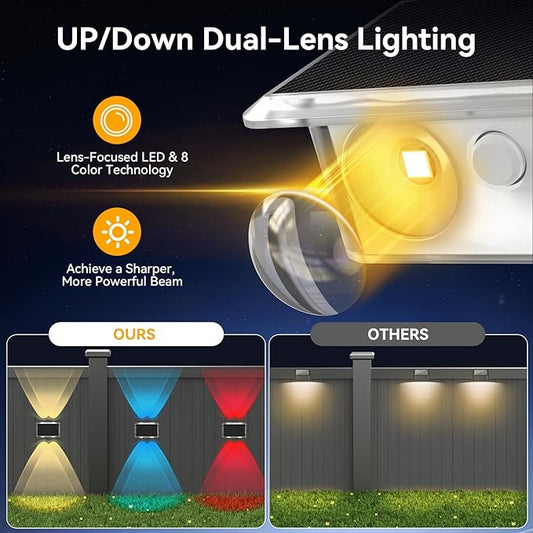 TECKNET Solar Fence Lights 12 Pack, 8 Modes RGB Color Changing, 200°Wide Lighting & Up Down Lights, IP66 Waterproof Dual-Lens LED Decorative Lights for Wall/Garden/Fence/Patio/Backyard