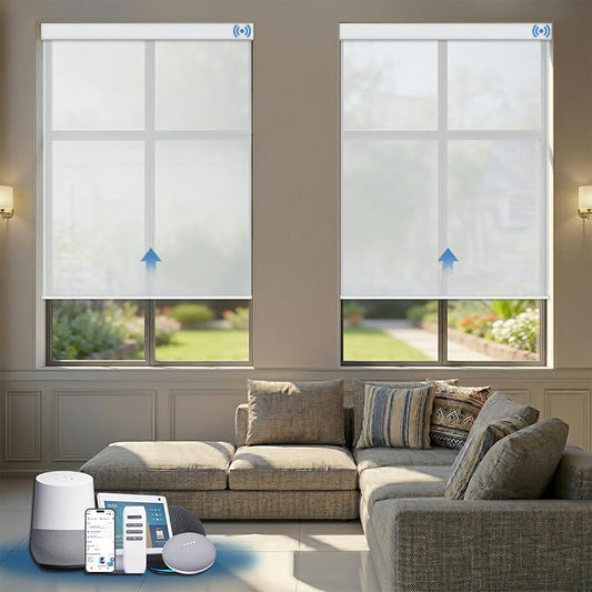 Motorized Solar Shades, Light Filtering Smart Blinds for Windows Automatic Blinds Compatible with Alexa, Falme Resistant Roller Shades Customized for Office Living Room (1% Openness White)