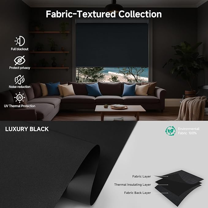 Motorized Blinds with Remote, Custom Automatic Electric Blackout Smart Blinds for Windows, Motorized Window Roller Shades Compatible with Alexa Google for Home Office, Luxury Black