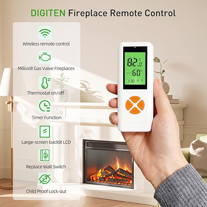 DIGITEN Gas Fireplace Remote Control Kit, Thermostat with Timer Kit for Millivolt Valve Gas Fireplaces, Large LCD Display, Wireless Thermostat Switch System On/Off/AUTO Control with Safety Lock