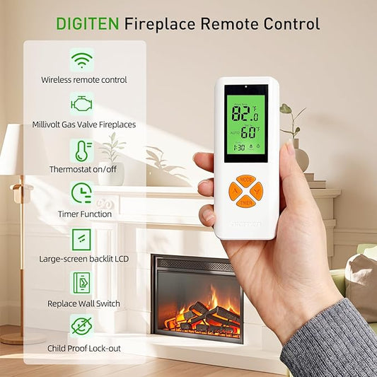 DIGITEN Gas Fireplace Remote Control Kit, Thermostat with Timer Kit for Millivolt Valve Gas Fireplaces, Large LCD Display, Wireless Thermostat Switch System On/Off/AUTO Control with Safety Lock