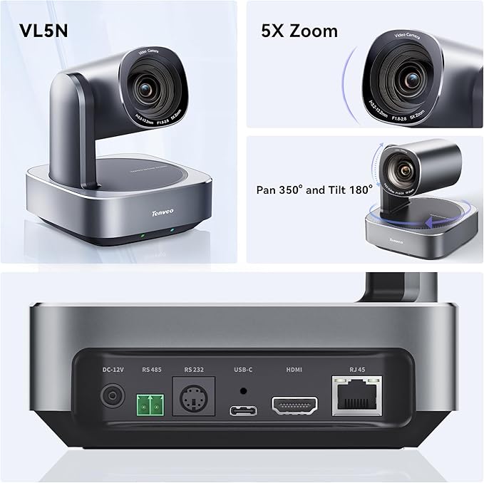 Tenveo PTZ Camera, 5X Optical Zoom, FHD 1080P, Wide Angle, USB3.0/HDMI/LAN PoE IP Live Streaming for Church Video Conference Broadcast Zoom Teams YouTube OBS