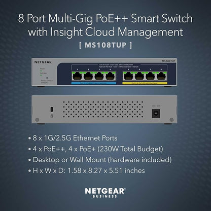 NETGEAR 8-Port Multi-Gigabit PoE Ethernet Smart Managed Switch (MS108TUP) | With 4 x 2.5G Ultra60 PoE++ and 4 x 2.5G PoE+ Ports @ 230W, Optional Insight Cloud Management, Desktop or Wall Mount