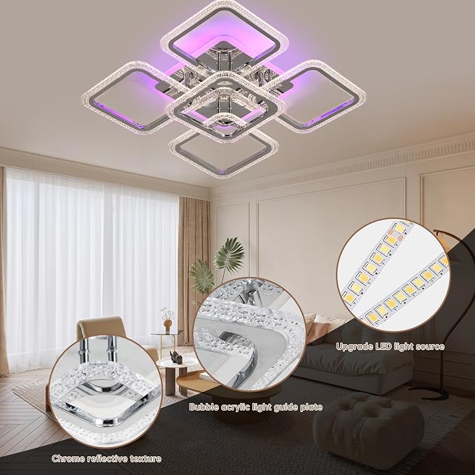 80W Dimmable LED Ceiling Light, 5-Square Flush Mount, Chrome | 4800LM Remote Control Ceiling Light Fixture, 3000K-6000K, 22in Modern Lighting for Living Room Bedroom Kitchen Dining Room