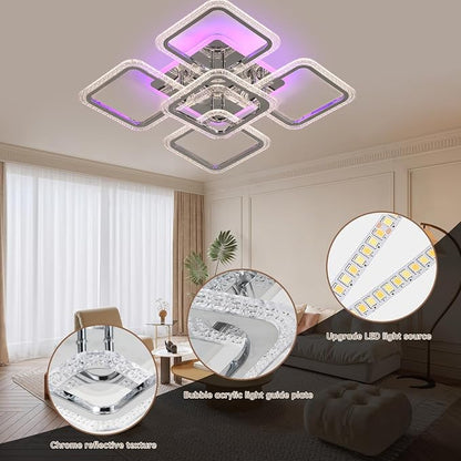 80W Dimmable LED Ceiling Light, 5-Square Flush Mount, Chrome | 4800LM Remote Control Ceiling Light Fixture, 3000K-6000K, 22in Modern Lighting for Living Room Bedroom Kitchen Dining Room