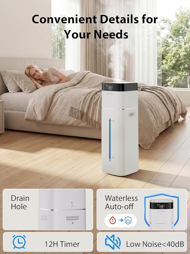 Uthfy 16L/4.2Gal Humidifiers Large Room 1500ft², 100H Runtime Air Humidifiers for Bedroom with 4 Modes, Humidity Setting, Child Lock, 12H Timer, Remote, Top Fill Design
