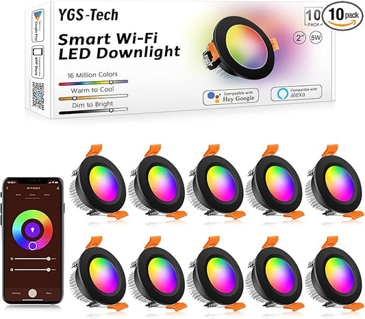 YGS-Tech Smart 2 Inch Recessed Lighting, WiFi LED Downlight 5W 120V, Compatible with Alexa and Google Home, Dimmable RGB & CCT 2700-6500K, Black Trim, LED Ceiling Light with Driver (10 Pack)