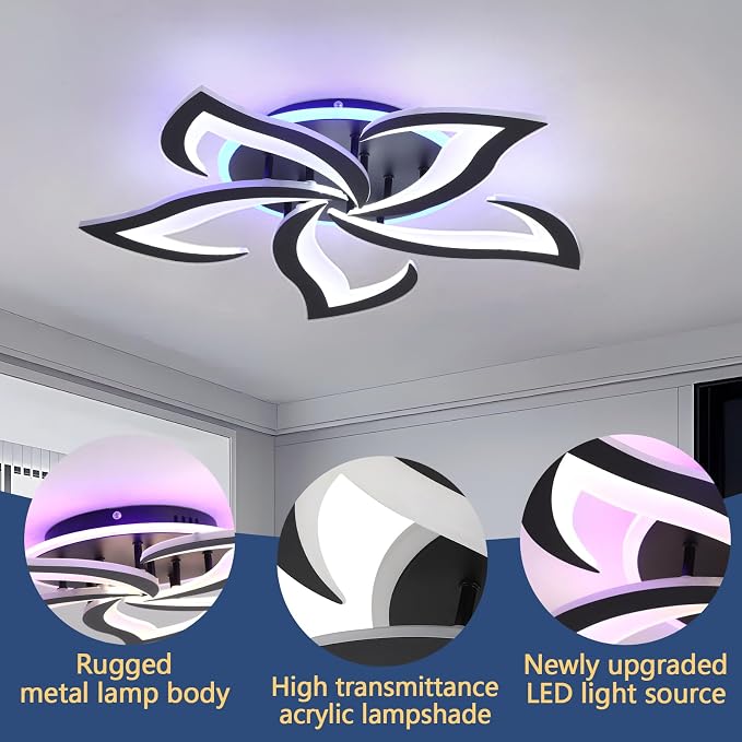 Modern LED Ceiling Light 50W, Dimmable 5-Petal Flush Mount, Black | 23.6" Flower Ceiling Light with Remote, 3000LM, 3000K-6000K, Modern Light Fixture for Bedroom Living Room Dining Room