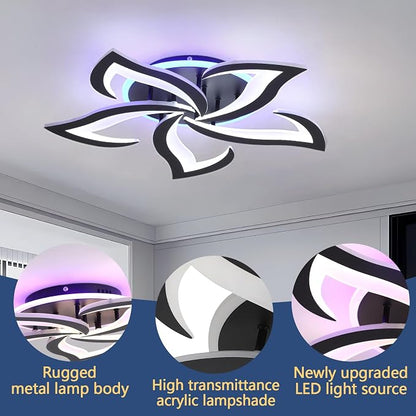 Modern LED Ceiling Light 50W, Dimmable 5-Petal Flush Mount, Black | 23.6" Flower Ceiling Light with Remote, 3000LM, 3000K-6000K, Modern Light Fixture for Bedroom Living Room Dining Room