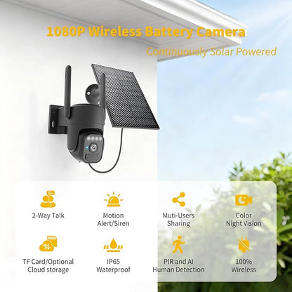WY-LINK Solar Camera Outdoor Wireless, 360° Cameras for Home Security, Two-Way Talk, Auto Tracking, Light Alarm, Color Night Vision