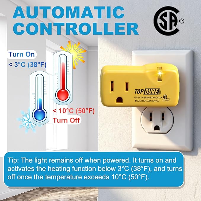 Automatic Thermostatic Plug, Suitable for Heating Tapes, Greenhouses, Well House Heaters, 38℉ Auto On/50℉ Auto Off, 2pcs