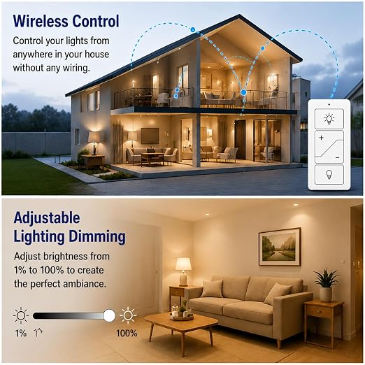 Nexete Smart Wireless Light Switch, Dimmer Switch & Receiver Kit No Wiring Wireless Remote Control,Remote & Voice Control,Bluetooth Work with Amazon Alexa Only, ETL Certified (1 Switch & 1 Receiver)