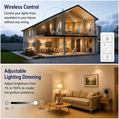 Nexete Smart Wireless Light Switch, Dimmer Switch & Receiver Kit No Wiring Wireless Remote Control,Remote & Voice Control,Bluetooth Work with Amazon Alexa Only, ETL Certified (1 Switch & 1 Receiver)