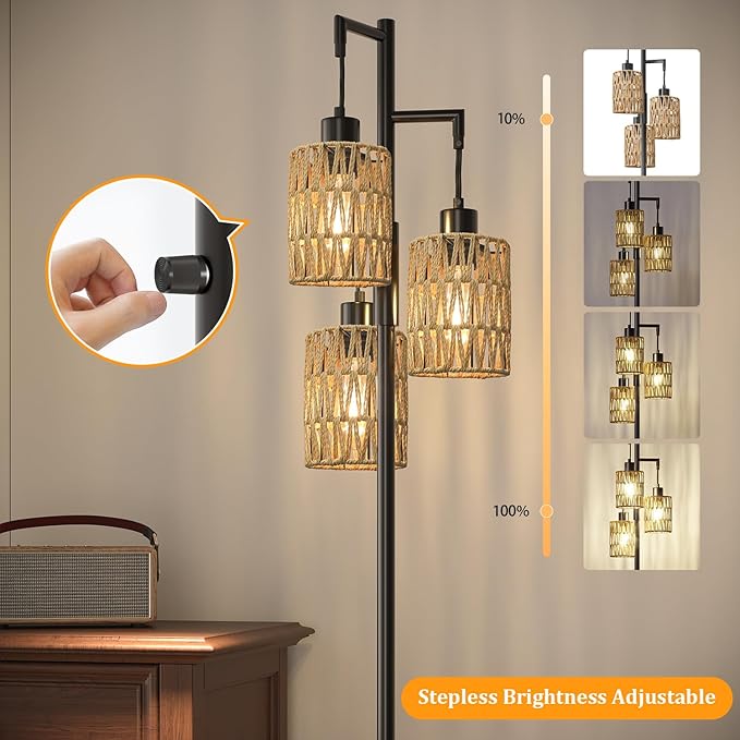 Oneach 70" Floor Lamps for Living Room, Stepless Dimmable Boho Floor Lamp with 3 Bulbs, Tall Farmhouse Industrial Corner Standing Tree Lamp for Bedroom, Office, Study Room, Dining Room, Black