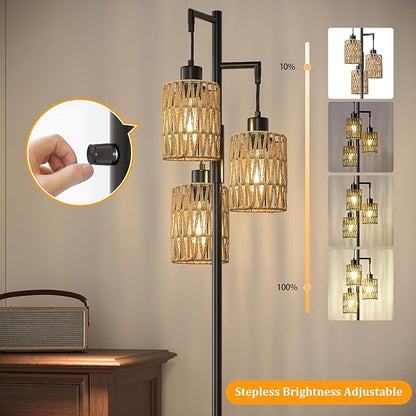 Oneach 70" Floor Lamps for Living Room, Stepless Dimmable Boho Floor Lamp with 3 Bulbs, Tall Farmhouse Industrial Corner Standing Tree Lamp for Bedroom, Office, Study Room, Dining Room, Black