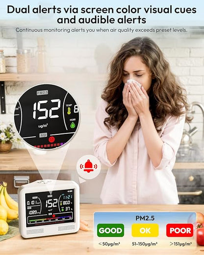 Air Quality Monitor Indoor, 16 in 1 Air Quality Tester for CO2 Monitor, TVOC, PM1.0 PM2.5 PM10, HCHO Temperature Humidity & Time, AQI Monitor with Alerts for Home (PureWhite)