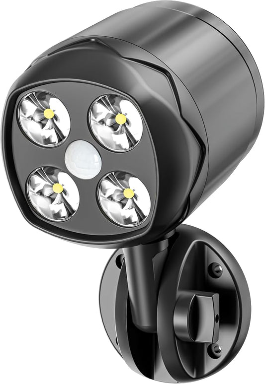Outdoor Motion Sensor Light Battery Operated, IP65 Waterproof Ultra Bright Motion Sensor Outdoor Lights Head Adjustable with 8W 600 Lumen 6000K 4LEDs for Garage Yard Porch and Patio (1 Pack)